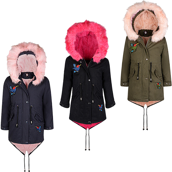 LOTMART Girls Winter Coat Kids Hood Padded Parka Jacket Bird Applique Fur Lining