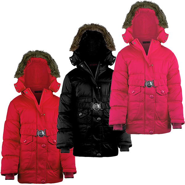 Girls Belted Quilted Jacket Kids Long Padded Detach Hood Winter Zip Coat 3-14 Y